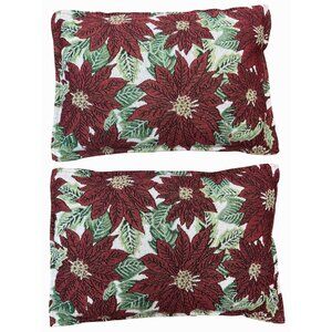 Vintage Christmas Poinsettia Decor Lumbar Pillows Glitter Knit Tapestry Pair